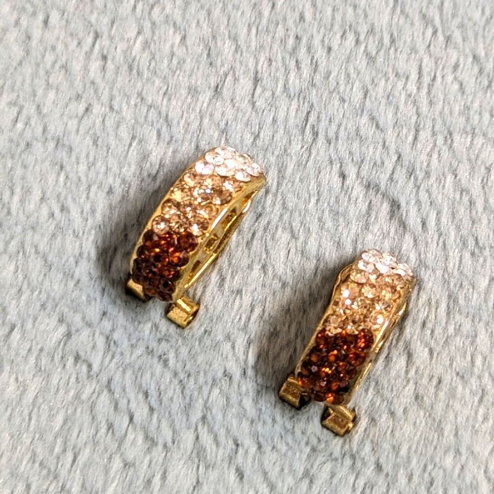 Vintage Tri-Colored Rhinestone Half Hoop Pierced Earrings - Picture 3 of 9